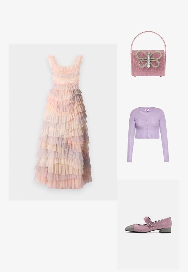 Cardigan court en maille côtelée lilas avec manches longues, col en V et cinq boutons sur le devant.; Robe maxi à plusieurs couches avec des teintes douces de rose, crème et volants en tulle lilas, tissu texturé et décolleté arrondi.; Chaussures Mary Jane en tissu rose avec un bout grise, une bride velcro et un petit talon texturé. Présente un emblème décoratif sur la bride.; Sac à main rose scintillant avec un motif de papillon prominent et des accents en strass, de forme rectangulaire et avec une poignée plate.