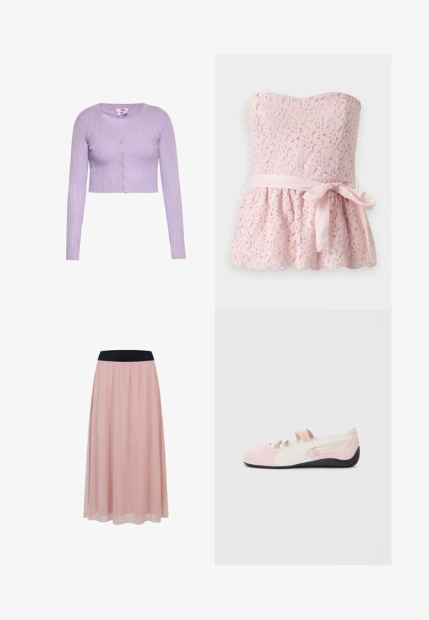 Lilla ribstrikket cropped cardigan med lange ærmer, V-hals og fem knapper foran.; Stropfri bleg lyserød blondetop med blomsterprint og et matchende stofbælte bundet i en sløjfe i taljen, som går ud under bæltet.; Pink ankel-lang nederdel med et gennemsigtigt ydre lag og en bred sort elastisk taljebånd.; Rosa ruskind slip-on sko med hvide detaljer, gummisål og elastiske stropper. Har et tekstureret design og et lille logo på fronten.