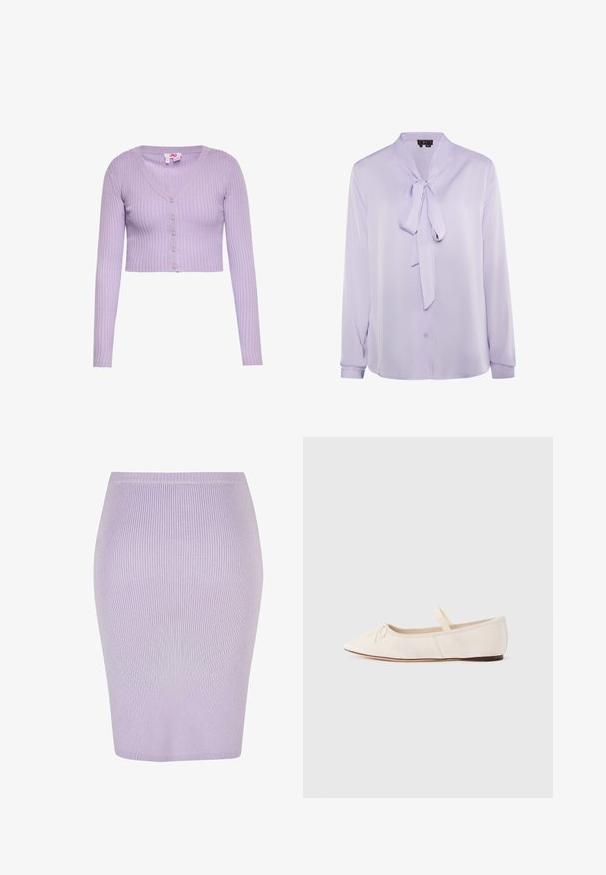 Cardigan court en maille côtelée lilas avec manches longues, col en V et cinq boutons sur le devant.; Blouse lavande avec un col à nouer, manches longues et fermeture à boutons. Tissu lisse avec un léger éclat, présentant des détails de conception minimalistes.; Jupe crayon côtelée en violet clair avec un design ajusté. Présente une taille haute, une texture lisse et une coupe au niveau des genoux.; Ballerines en daim beige clair, bout pointu et fine bride élastique sur le dessus. Semelle plate avec un léger accent en caoutchouc.
