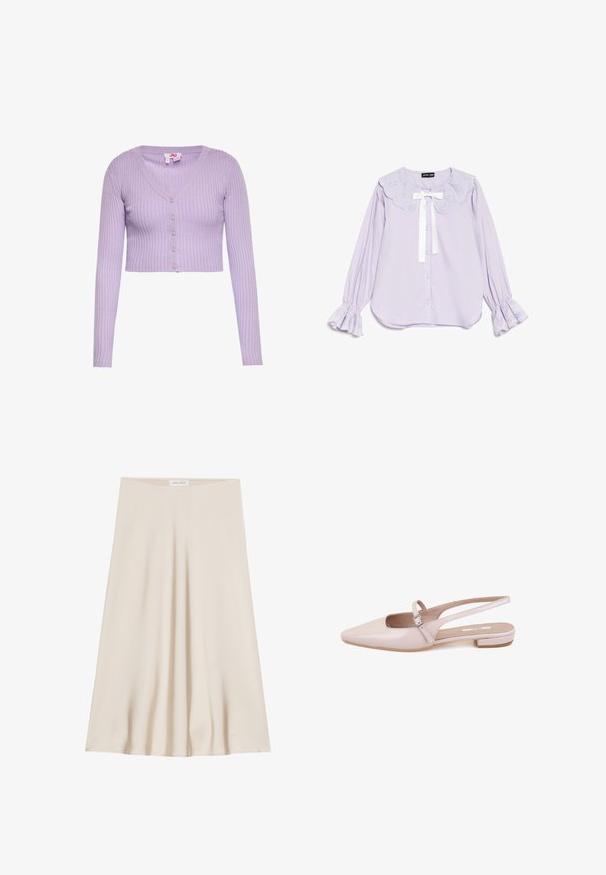 Cardigan court en maille côtelée lilas avec manches longues, col en V et cinq boutons sur le devant.; Blouse à manches longues en lavande avec col en dentelle festonné, nœud en ruban blanc, fermeture boutonnée sur le devant et poignets en dentelle à volants.; Une jupe crème, à longueur de genoux, fabriquée en tissu lisse avec un design évasé et une large taille. Pas de motifs ou d'ornements présents.; Desa Ballerines - pink