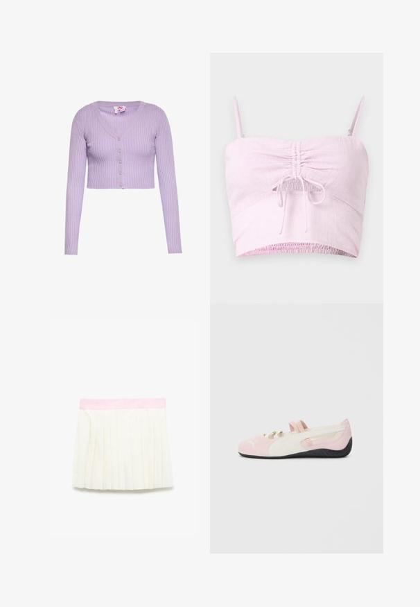 Lila geribbelde korte cardigan met lange mouwen, V-hals en vijf knopen aan de voorkant.; Lichtroze cropped top met verstelbare spaghettibandjes, gerimpeld voorpand en elastische zoom. De textuur van de stof voegt zachtheid toe.; Gelaagde skort in ivoor met een zachte roze tailleband. Beschikt over verticale plooien en een gladde textuur, ontworpen voor een gestructureerde uitstraling.; Roze suede instapper met witte accenten, rubberen zool en elastische bandjes. Kenmerkt zich door een gestructureerd ontwerp en een klein logo aan de voorkant.