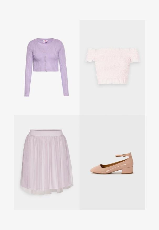 Lila geribbelde korte cardigan met lange mouwen, V-hals en vijf knopen aan de voorkant.; Roze off-shoulder top met gerimpelde textuur, gerimpelde randen en elastische zoom. Korte mouwen en een nauwsluitend ontwerp. Lichtgewicht stof.; VILA VIDOLL SKIRT - Minirok - nirvana; Patentleren roze ballerina met een ronde punt, enkelbandje en een lage blokhak. Gladde textuur en minimalistisch ontwerp.