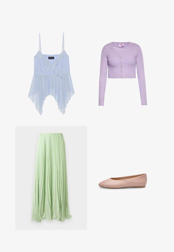 Lila geribbelde korte cardigan met lange mouwen, V-hals en vijf knopen aan de voorkant.; Even&Odd by Zalando Top - sky blue; Lichtgroene geplooide lange rok van lichte stof met elastische tailleband, weergegeven tegen een witte achtergrond.; Roze leren ballerina met een puntige neus, gladde textuur, minimale accenten en een effen lichtbruine zool. Eenvoudig ontwerp, zonder versieringen.