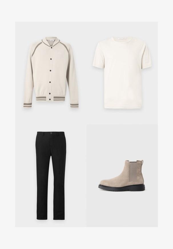 Cardigan boutonné crème avec des rayures taupe sur les poignets, l'ourlet et les épaules, présentant un petit logo brodé sur la poitrine.; T-shirt blanc uni à manches courtes et col rond, avec étiquette "Tiger of Sweden" sur le col, présenté sur un fond gris clair.; Pantalon noir à jambes droites avec passants de ceinture, fermeture par bouton et fermeture éclair à l'avant, présenté sur un fond gris clair uni.; Bottine Chelsea en daim beige avec des panneaux élastiques sur les côtés, une languette de tirage et une semelle en caoutchouc noir. Design élégant avec un bout arrondi.