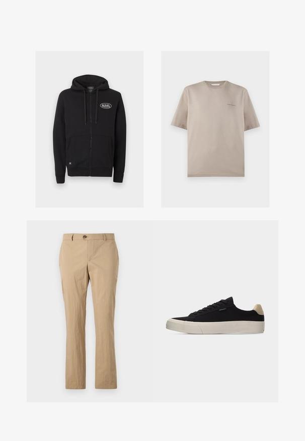 Sweat à capuche noir zippé avec poches avant, capuche à cordon de serrage et logo "Von Dutch" blanc sur la poitrine gauche.; T-shirt beige à manches courtes et col rond avec petit logo « Tiger of Sweden » sur la poitrine gauche, présenté sur fond blanc.; Pantalon en coton beige avec une coupe droite, doté d'une fermeture à bouton, de passants de ceinture et d'une texture lisse. Pas de motifs visibles.; Baskets basses noires avec languette beige au talon, semelle en caoutchouc blanche épaisse, lacets noirs et petite étiquette "PS Paul Smith" sur le côté.