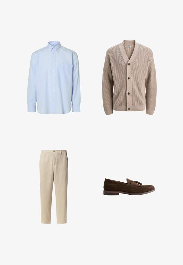 Beige strikket cardigan med V-hals, fem knapper og ribbet tekstur. Lange ærmer og diskrete sidelommer. Casual og letvægtsdesign.; Lyseblå langærmet skjorte med knapper og hvide lodrette striber, en enkelt brystlomme og en klassisk krave. Glat stoftekstur.; Beige kordfløjl bukser med en vertikal ribbet tekstur, der har en knaplukning og to sidelommer. Korte i længden med en lige pasform.; Brun herre loafer i ruskind med kvaster, lav stabil hæl og syninger på hvid baggrund.