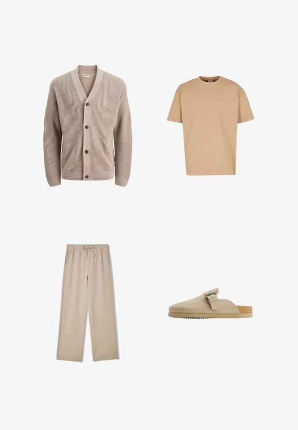 Beige gebreide cardigan met een V-hals, vijf knopen en ribbeltextuur. Lange mouwen en subtiele zijzakken. Casual en lichtgewicht ontwerp.; Urban Classics CUFF TEE - T-shirt basic - unionbeige; Beige wijde broek met elastische tailleband en trekkoord, voorzien van zijzakken, platliggend op een witte achtergrond.; Beige suède klomp met een gebogen vorm, verstelbare metalen gesp en een getextureerde kurken voetbed. De buitenzool heeft een getande rand voor grip.