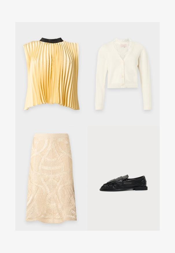 Cardigan court blanc avec décolleté en V, manches longues, trois boutons sur le devant, et bordure en dentelle autour du col.; Blouse sans manches plissée en satin jaune pâle avec col rond noir haut, présentée à plat sur fond blanc.; Jupe au crochet beige longueur genou avec des motifs géométriques et ondulés complexes, dotée d'une taille ajustée et d'une couture arrière sans couture.; Mocassin en cuir noir avec une semelle plate, un détail frangé et à pompons à l'avant, et un design à bout arrondi.
