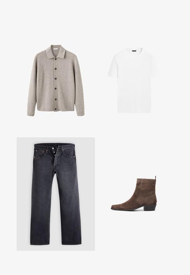 Grijze cardigan gemaakt van geribbelde breistof. Voorzien van een kraag, knoopsluiting en lange mouwen. Geaccentueerd met donkere knopen.; Witte katoenen t-shirt met een ronde hals, korte mouwen en een rechte snit. Heeft een gladde, lichtgewicht textuur en geen zichtbare patronen.; Zwarte spijkerbroeken met een rechte pasvorm, ontwerp met vijf zakken en koperen knoopaccenten. Gladde textuur met een licht vervaagde afwerking.; Bruine suède enkelboot met een spitse neus, een lage blokhak en een lus aan de achterkant voor gemakkelijk aan- en uittrekken. Gladde textuur en eenvoudig ontwerp.