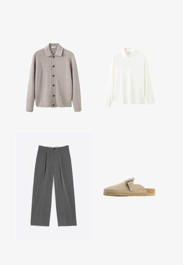 Grå cardigan lavet af ribstrikket stof. Har en krave, knaplukning og lange ærmer. Fremhævet med mørke knapper.; Langærmet poloshirt i off-white bomuld, med klassisk krave, tre-knaps lukning og en afslappet pasform uden synlige mønstre.; Grå bukser med vide ben og tynde lodrette nålestriber, frontplisser, sidelommer, bæltestropper og knaplukning ved taljen.; Beige ruskindssko med en buet form, justerbar metalspænde og struktureret korksål. Ydersålen har en sål med takker for bedre greb.