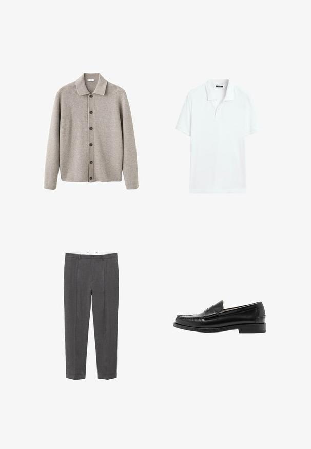 Grijze cardigan gemaakt van geribbelde breistof. Voorzien van een kraag, knoopsluiting en lange mouwen. Geaccentueerd met donkere knopen.; Witte polo met korte mouwen, kraag en een platte knoopsluiting met twee knopen, weergegeven op een effen achtergrond.; Donkergrijze op maat gemaakte broeken met riemlussen, knoopsluiting, voorplooien en omgeslagen broekspijpen, plat uitgestald tegen een witte achtergrond.; Zwarte leren penny loafer met gestikte moc-toe, lage hak en glad gepolijste afwerking, zijaanzicht tegen een witte achtergrond.