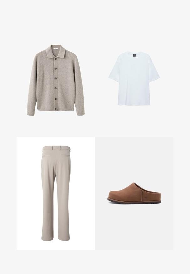 Grå cardigan lavet af ribstrikket stof. Har en krave, knaplukning og lange ærmer. Fremhævet med mørke knapper.; Hvid, oversized T-shirt med korte ærmer og rund halsudskæring, med en sort etiket inde i kraven på en hvid baggrund.; Beige bukser med lige ben, set bagfra, med bæltestropper og to skrålommer på linningen.; Brun slip-on træsko med rundet tå, blød overdel og UGG-logo på siden, vist mod en ensartet lys grå baggrund.