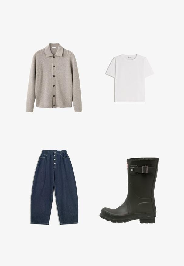 Cardigan gris en tissu tricoté côtelé. Comporte un col à revers, une fermeture à boutons et des manches longues. Rehaussé de boutons foncés.; T-shirt en coton blanc avec un col rond et des manches courtes. Présente une coupe classique et carrée, sans motifs ni accents visibles.; Pantalons en denim bleu foncé à jambes larges avec une taille haute, fermeture à cinq boutons et cinq poches. Présente des accents de couture sur les coutures.; Botte de pluie en caoutchouc noir avec un bout arrondi, une sangle boucle au-dessus et une semelle texturée pour une meilleure adhérence.