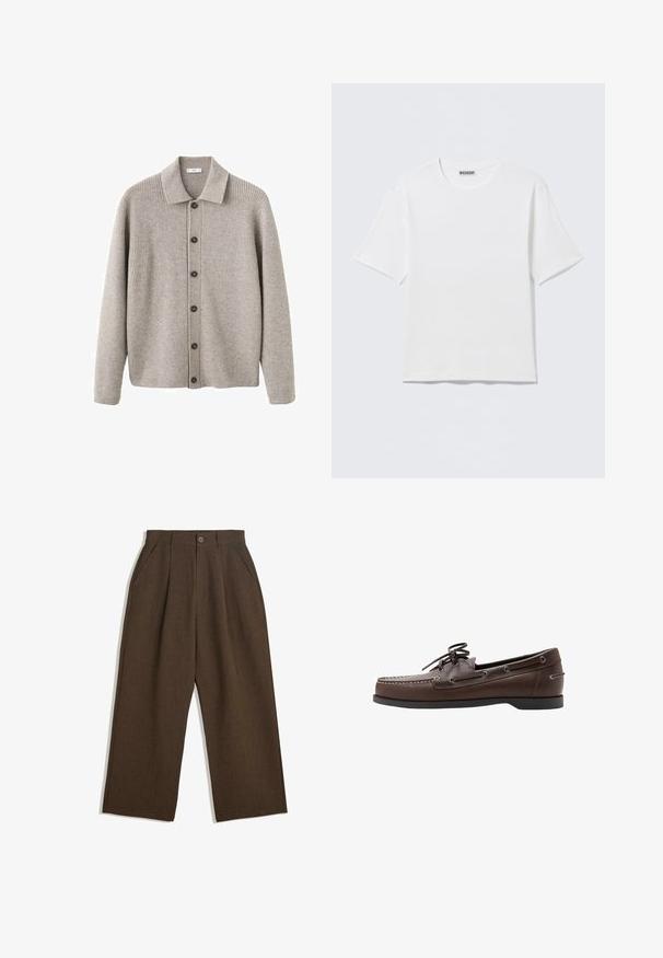 Grijze cardigan gemaakt van geribbelde breistof. Voorzien van een kraag, knoopsluiting en lange mouwen. Geaccentueerd met donkere knopen.; Effen witte T-shirt met korte mouwen en ronde hals, met een klein "WEEKDAY" label aan de binnenkant van de achterkraag, weergegeven op een vlakke ondergrond.; Bruine geplooide broeken met een wijdvallend ontwerp, voorzien van een knoopsluiting en zijzakken, gemaakt van een textiel dat geschikt is voor casual wear.; Bruine leren boot schoen met moc-toe stiksel, veters aan de voorkant en een lage zwarte rubberen zool, zijaanzicht op een witte achtergrond.