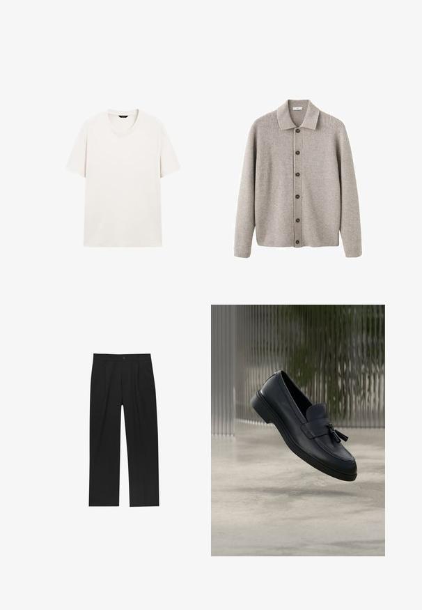 Grå cardigan lavet af ribstrikket stof. Har en krave, knaplukning og lange ærmer. Fremhævet med mørke knapper.; Lys hvid kortærmet t-shirt med rund hals, vist fladt med synlig halslabel mod en hvid baggrund.; Sorte bukser med lige ben, lavet af et glat stof. Har frontfolder og en enkelt knaplukning i taljen.; Sorte læderloafers med en glat tekstur, en rundet tå og dekorative kvaster foran. Fleksibel gummisål med lav hæl.