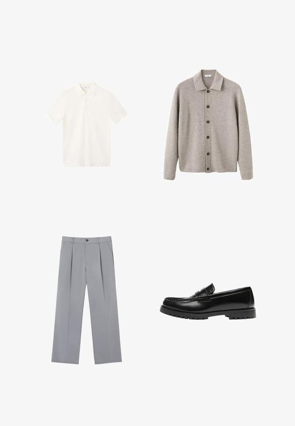 Cardigan gris en tissu tricoté côtelé. Comporte un col à revers, une fermeture à boutons et des manches longues. Rehaussé de boutons foncés.; Polo blanc à manches courtes avec col et patte à trois boutons, présenté sur un fond blanc uni.; Pantalons plissés gris à coupe décontractée, en tissu léger. Comprend des poches avant et une fermeture à bouton à la taille.; Mocassin en cuir noir avec une semelle en caoutchouc épaisse et un détail classique de bride à monnaie, vu de côté extérieur.
