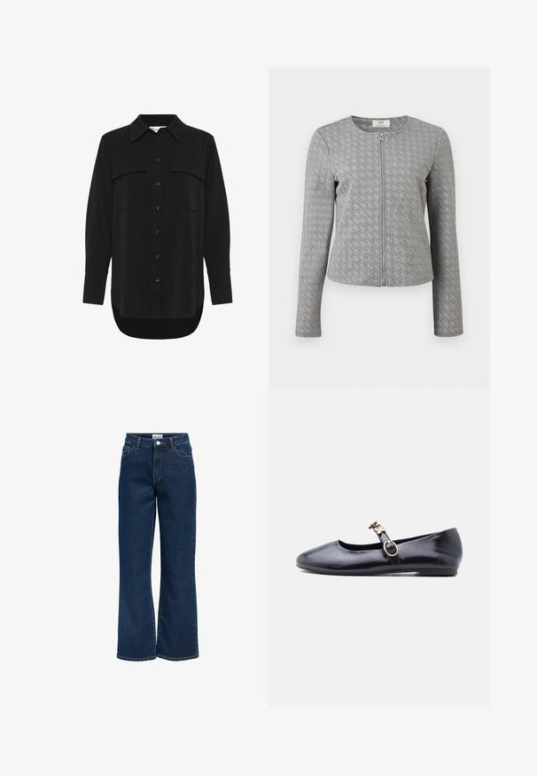 Grå langærmet quiltet jakke med frontlynlås, rund halsudskæring og chevron-mønstret tekstur, vist på hvid baggrund.; My Essential Wardrobe MWSILLE HACE - Skjortebluser - black; Vidbenede denimjeans i mørkeblå vask, med høj talje, fem-lomme-design og signaturbranding ved taljebåndet.; Sort læder flad Mary Jane sko med blomsterformet guldbeslag og to blomsterdekorationer på rem, vist fra siden.