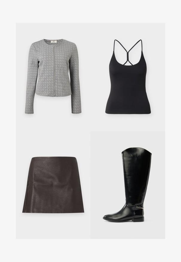 Veste matelassée grise à manches longues avec fermeture éclair frontale, col rond, et texture à motif chevron, présentée sur un fond blanc.; Débardeur noir ajusté avec fines bretelles et un design croisé unique dans le dos sur un fond gris clair.; Jupe mini courte en similicuir marron foncé avec une coupe droite et des plis subtils, présentée sur un fond blanc uni.; Botte haute en cuir noir avec un bout pointu, un talon bas et un détail en métal argenté à la cheville sur un fond blanc uni.