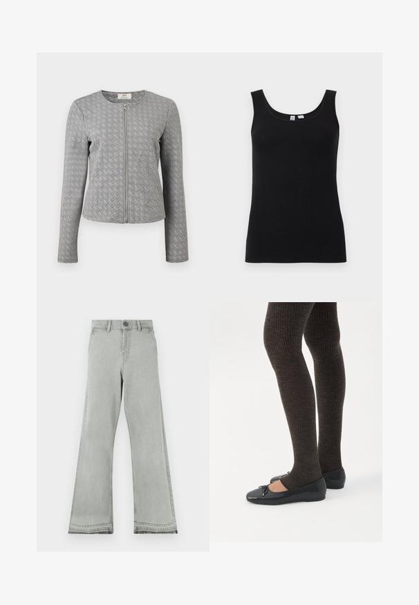 Veste matelassée grise à manches longues avec fermeture éclair frontale, col rond, et texture à motif chevron, présentée sur un fond blanc.; Débardeur noir côtelé sans manches avec encolure dégagée, présenté à plat sur un fond clair.; Jean évasé gris clair en denim, doté d'une fermeture par bouton, d'une ceinture droite et d'une texture légèrement usée aux ourlets.; Jambes portant des leggings côtelés foncés associés à des ballerines noires avec de petits détails en nœud sur fond blanc.
