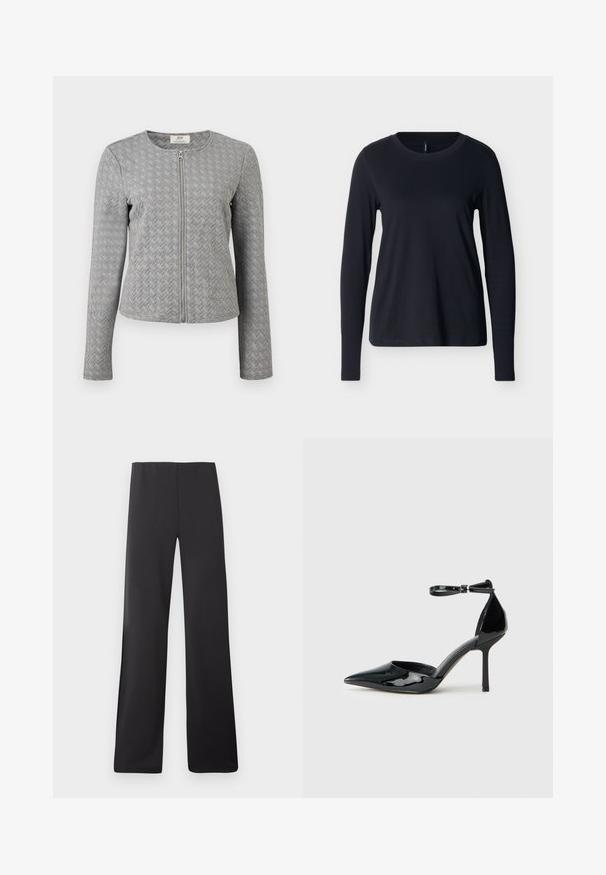 Veste matelassée grise à manches longues avec fermeture éclair frontale, col rond, et texture à motif chevron, présentée sur un fond blanc.; Chemise noire à manches longues et col rond, étalée à plat sur un fond blanc, vue de face avec un design propre et simple.; Pantalons larges noirs en tissu lisse, dotés d'une taille haute et d'un design pleine longueur, sans motifs ni éléments apparents.; Chaussure à talons hauts en cuir verni noir avec bout pointu, bride autour de la cheville et talon aiguille fin ; texture lisse et brillante avec un design minimaliste.