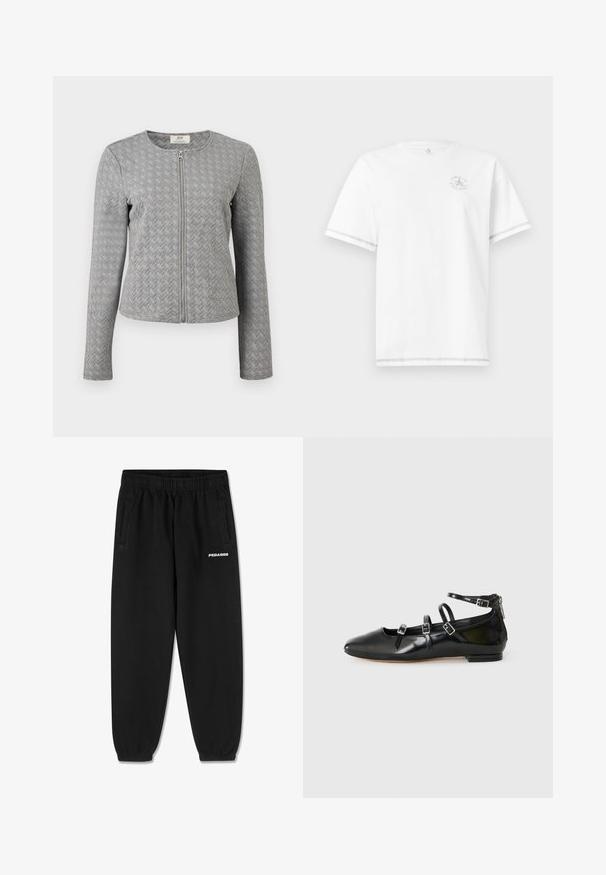 Grijze doorgestikte jas met lange mouwen, een voorrits, ronde hals en een chevronpatroon, weergegeven op een witte achtergrond.; Witte korte mouw T-shirt met ronde hals en klein grijs Converse All Star-logo op de linkerborst, met grijze stikdetails op de mouwen en zoom.; Zwarte sweatpants van zacht materiaal, met een verstelbare tailleband, taps toelopende benen en zijzakken. "PEGADOR" logo in het wit op de voorkant.; ALDO NELTA - Ballerina's - black