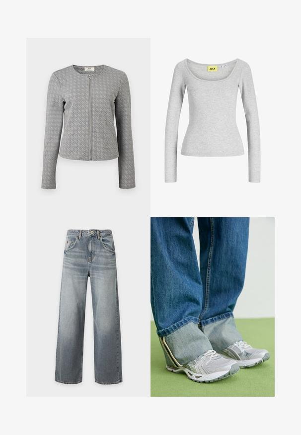Grijze doorgestikte jas met lange mouwen, een voorrits, ronde hals en een chevronpatroon, weergegeven op een witte achtergrond.; Lichtgrijs, nauwsluitend shirt met lange mouwen, brede ronde halslijn en een geel merklabel "JJXX" genaaid aan de binnenkant van de kraag.; Lichtblauwe jeans met wijde pijpen en een vervaagde wassing, knoop- en ritssluiting voor, voor- en achterzakken en riemlussen, plat neergelegd op een witte achtergrond.; Grijze sportieve schoenen van mesh materiaal met witte accenten, in combinatie met blauwe denim jeans die aan de enkels zijn omgeslagen.