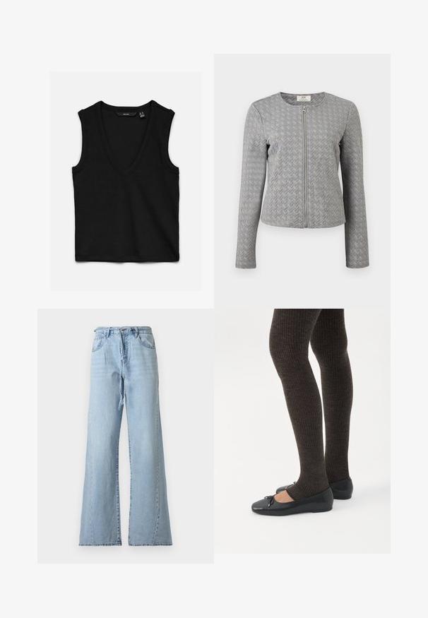Veste matelassée grise à manches longues avec fermeture éclair frontale, col rond, et texture à motif chevron, présentée sur un fond blanc.; Haut noir sans manches en tricot côtelé avec un col en V profond et une coupe ajustée, posé à plat sur un fond blanc.; Jean en denim bleu clair taille haute à jambes larges, avec poches avant, passants pour ceinture, fermeture éclair et ceinture en denim assortie.; Jambes portant des leggings côtelés foncés associés à des ballerines noires avec de petits détails en nœud sur fond blanc.