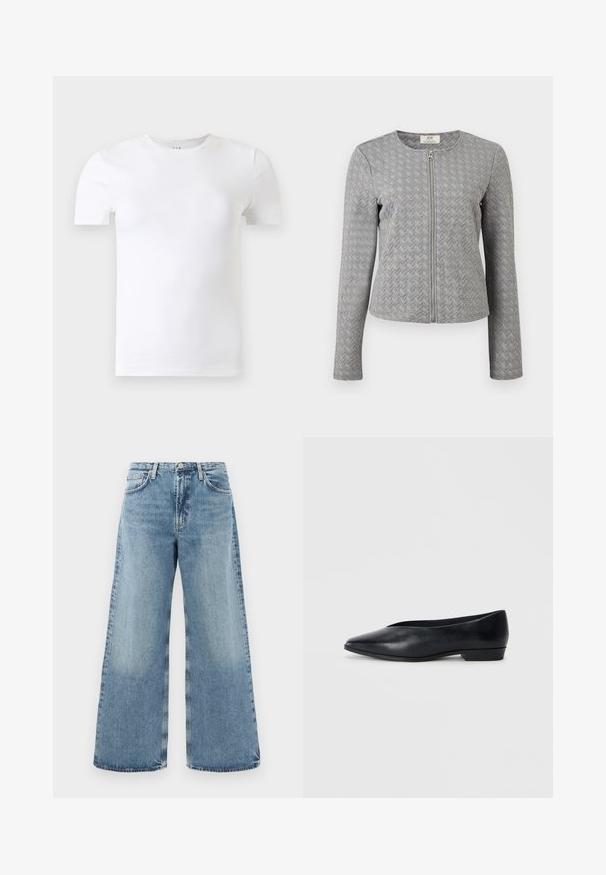 Veste matelassée grise à manches longues avec fermeture éclair frontale, col rond, et texture à motif chevron, présentée sur un fond blanc.; T-shirt blanc uni à manches courtes et col rond présenté sur un fond gris clair.; Jean large en denim bleu clair avec taille haute, design traditionnel à cinq poches, coutures visibles et finition à bord brut.; Chaussure plate en cuir noir avec un bout pointu, un léger talon surélevé et une surface lisse. Design simple sans matériel ou motifs visibles.