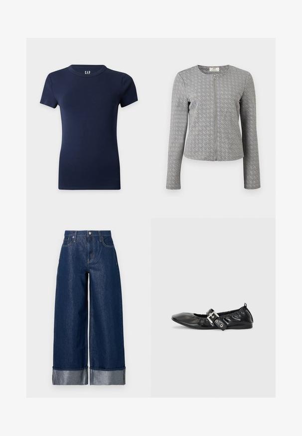 Veste matelassée grise à manches longues avec fermeture éclair frontale, col rond, et texture à motif chevron, présentée sur un fond blanc.; T-shirt ajusté bleu marine à manches courtes avec col rond sur un fond uni clair.; Jean large en denim bleu foncé à taille haute, design à cinq poches, et revers pliés dévoilant le tissu intérieur plus clair.; Chaussure plate en cuir noir avec un nez pointu, des détails froncés autour de l'ouverture et un accent en boucle argentée sur la bride ajustable.