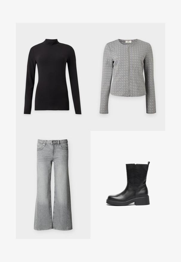 Graue gesteppte Jacke mit langen Ärmeln, vorderem Reißverschluss, rundem Ausschnitt und Zickzackmuster, präsentiert auf weißem Hintergrund.; Schwarzes, enganliegendes Langarmshirt mit Stehkragen, gezeigt vor einfachem hellgrauem Hintergrund.; Graue Jeans mit hoher Taille und weitem Bein, vorn mit Knöpfen und Reißverschluss sowie fünf Taschen, auf weißem Hintergrund präsentiert.; Schwarze Leder-Ankle-Boots mit glatter Oberfläche, abgerundeter Zehenpartie, seitlichen elastischen Einsätzen und einem kräftigen Plateausohle. Mit einer Zugschlaufe versehen.