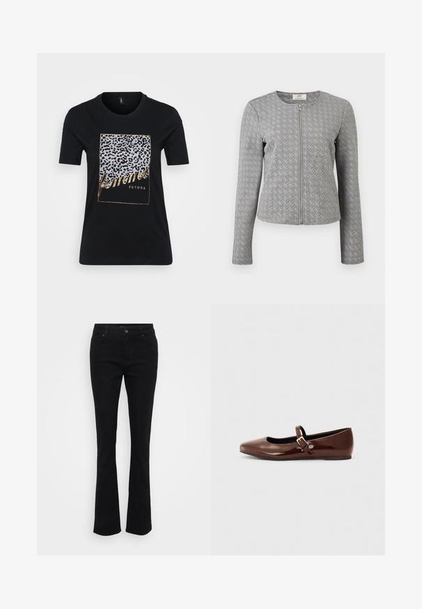 Graue gesteppte Jacke mit langen Ärmeln, vorderem Reißverschluss, rundem Ausschnitt und Zickzackmuster, präsentiert auf weißem Hintergrund.; Schwarzes Baumwoll-T-Shirt mit einem Leopardenmuster und goldener Schrift, die "femmes FUTURE" innerhalb eines rechteckigen Rahmens zeigt.; Schwarze, ausgestellte Jeans aus Denim mit mittelhoher Taille, Fünf-Taschen-Design, Knopfverschluss und glatter Textur. Strukturierte Passform von Knie bis Saum.; Braune Lackleder-Ballerinas mit quadratischer Zehenform und Riemen mit einer kleinen goldenen Schnalle. Glatte Textur, niedriger Absatz und minimalistisches Design.