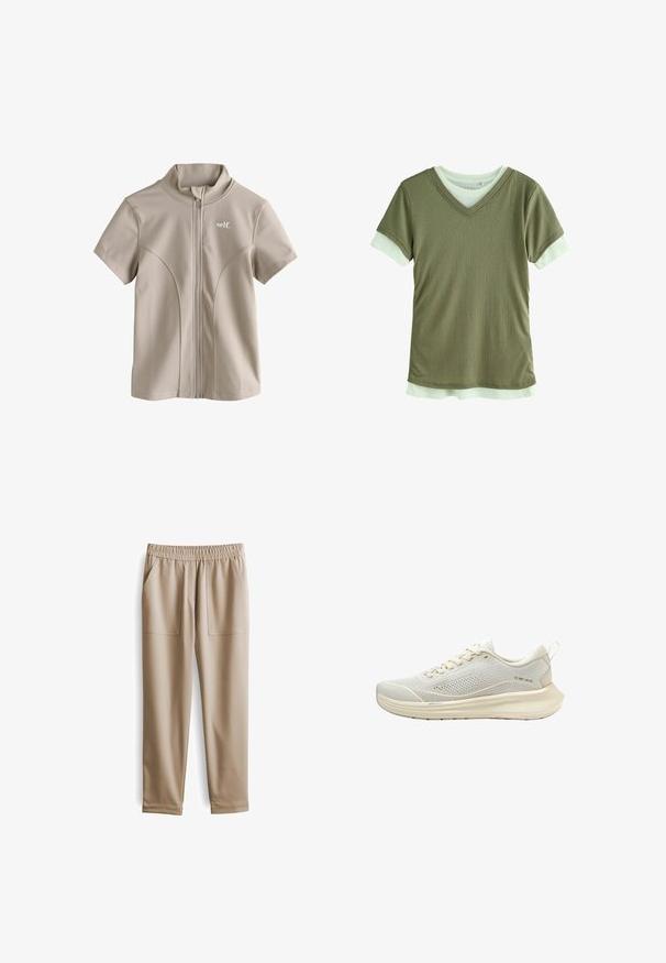 Beige atletisch shirt met korte mouwen, een hoge kraag en een rits aan de voorkant, voorzien van gebogen naden en een klein wit logo op de borst.; Korte mouw olijfgroen V-hals shirt, gelaagd over een licht muntgroene longsleeve, weergegeven op een witte achtergrond.; Beige elastische broeken met een tailleband, twee voorzakken, taps toelopende pijpen en een gladde textuur, geschikt voor casual kleding.; Lichtbeige ademende mesh sneaker met gevoerde zool, veterluiting aan de voorkant en een trekband op de hiel, zijaanzicht.