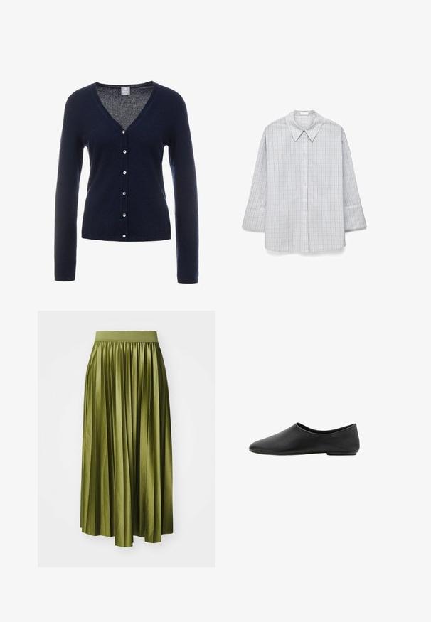 FTC Cashmere CARDIGAN - Cardigan - midnight; Hvid langærmet skjorte med spids krave og subtilt gråt ternet mønster, vist fladt på en hvid baggrund.; Plisseret midi-nederdel i olivengrønt satin, med en bred elastisk talje og en let silhuet med lodrette plisseringer.; Sorte minimalistiske flade sko med rund mandelformet tå og lav hæl, glat læderoverdel, slip-on stil.