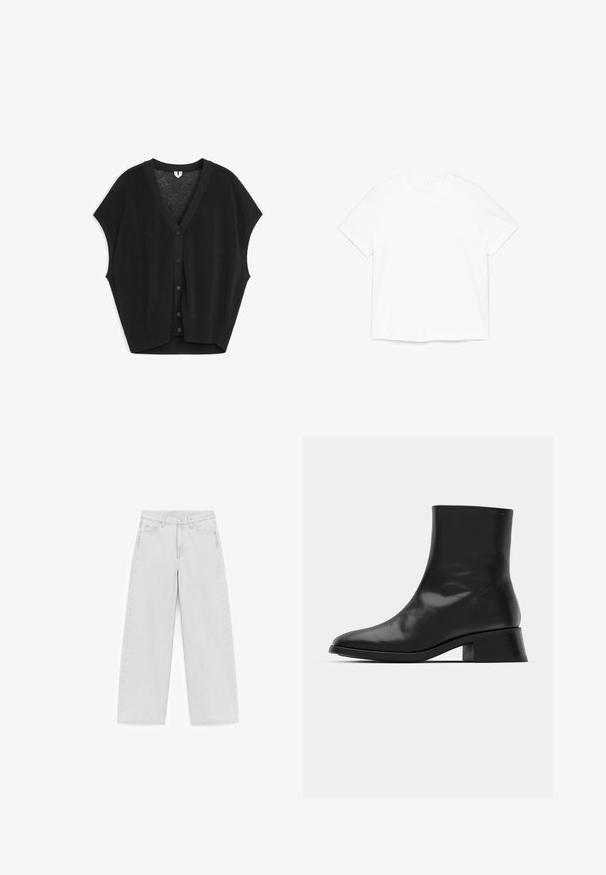 Sort ærmeløs strikket cardigan med V-hals og fem knapper foran, med ribkant forneden og ved ærmegab, lagt fladt på hvid baggrund.; Hvid kortærmet T-shirt med rund hals lagt fladt på en hvid baggrund.; Lysegrå jeans med vide ben lavet af denim, med høj talje, bæltestropper, forlommer og en ren finish med minimal detaljering.; Sort ankelstøvle lavet af blank læder, med et strømlinet design, spids tå og en moderat blokhælhøjde for stabilitet.