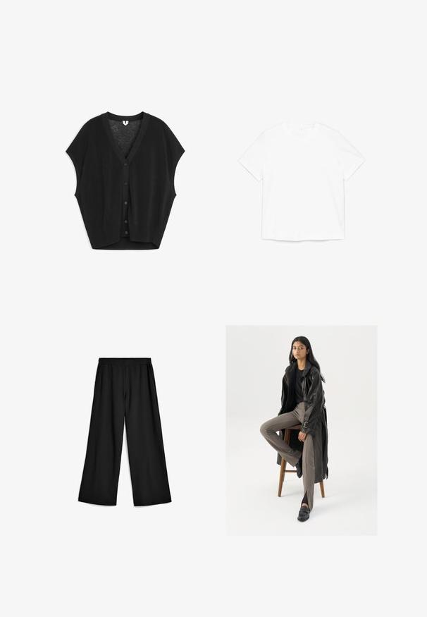 Schwarze ärmellose Strickjacke mit V-Ausschnitt und fünf Knöpfen vorne, mit geripptem Saum und Armausschnitten, flach auf weißem Hintergrund ausgelegt.; Schlichtes weißes T-Shirt mit kurzem Ärmel und Rundhalsausschnitt, flach auf einem weißen Hintergrund liegend.; Schwarze, weit geschnittene Hose aus weichem, dehnbarem Stoff. Elastischer Bund mit Taschen an den Seiten. Klare Linien und glatte Oberfläche.; Schwarzer Leder-Trenchcoat mit Knöpfen und Gürtel-Detail, kombiniert mit hellbraunen, taillierten Hosen und schwarzen Slippern, sitzt auf einem Holzschemel.