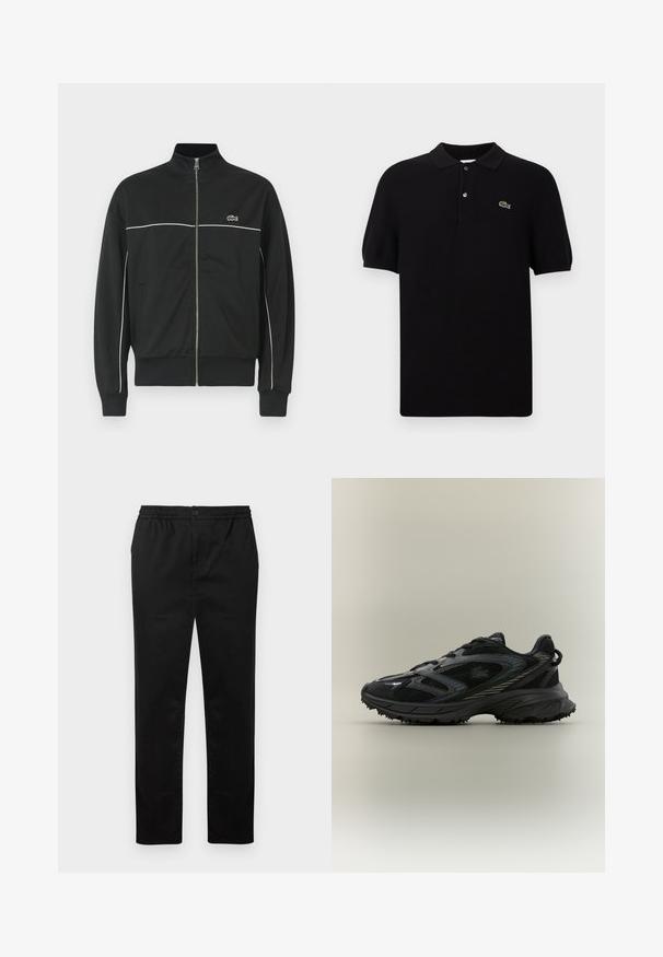 Schwarze Zip-Jacke mit hohem Kragen, weißen Einsätzen auf der Brust und grünem Lacoste-Logo auf der linken Seite. Gerippte Bündchen und Saum.; Schwarzes Poloshirt aus Strickstoff mit klassischem Kragen, drei Knöpfen und einem grünen Krokodil-Logo auf der linken Seite. Mit kurzen Ärmeln.; Schwarze Hose mit geradem Bein, elastischem Bund, Knopfverschluss und seitlichen Taschen, dargestellt auf weißem Hintergrund.; Schwarzer Sportschuh mit Netz панели, einer strukturierten Sohle, Schnürsenkeln und einer geschwungenen Silhouette mit silbernen Akzenten an den Seiten.