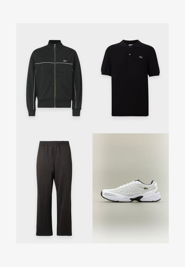 Čierna bunda na zips s vysokým golierom, bielym lemovaním cez prsia a zeleným logom Lacoste na ľavej strane. Rífľové manžety a lem.; Čierna polo košeľa vyrobená z pleteného materiálu, s klasickým golierom, tromi gombíkmi a zeleným logom krokodíla na ľavej strane. Krátke rukávy.; Čierne nohavice s elastickým pásom a rovnými nohavicami. Vyrobené z hladkej látky so subtílnymi švovými detailmi pozdĺž prednej časti.; Biele atletické tenisky s textúrovaným sieťovinovým zvrškom, zakriveným dizajnom a kontrastnou čiernou podrážkou. S greennou vyšívanou nášivkou na boku.