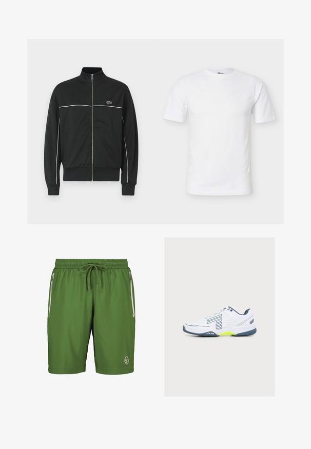 Schwarze Zip-Jacke mit hohem Kragen, weißen Einsätzen auf der Brust und grünem Lacoste-Logo auf der linken Seite. Gerippte Bündchen und Saum.; Schlichtes weißes T-Shirt mit kurzen Ärmeln, Rundhalsausschnitt, minimalistischem Design und dezentem Logo auf der oberen linken Brust.; Grüne Shorts mit elastischem Bund und Kordelzug. Zwei Seitentaschen mit weißen Reißverschlüssen. Glattes, leichtes Material. Logo am Saum.; Weißer Sportsneaker mit marineblauer Sohle, schwarzem Besatz und gelbem Akzent, Seitenansicht mit Marken-Details auf einfachem Hintergrund.