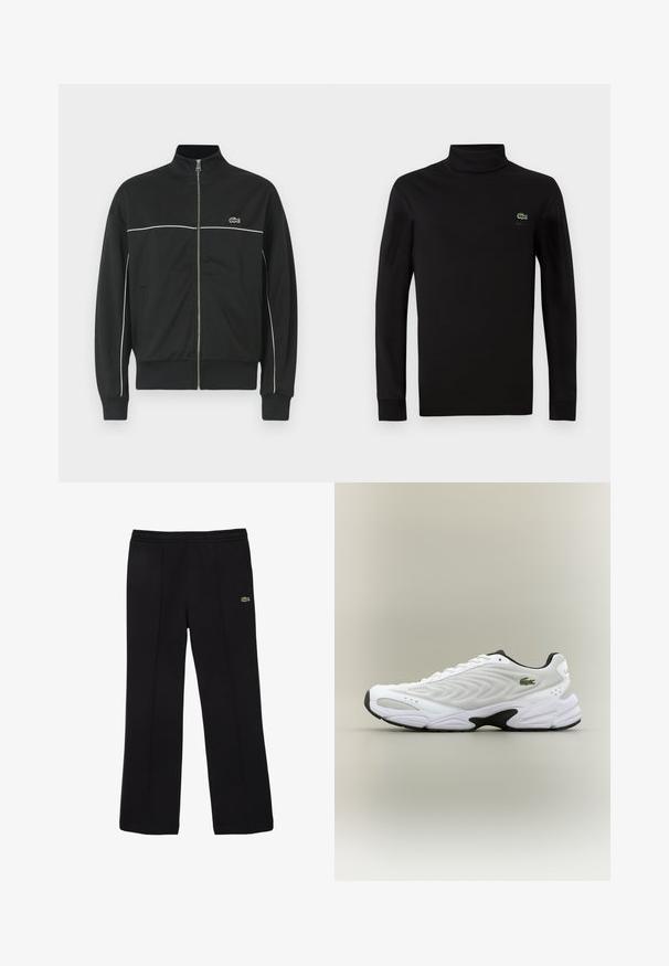 Chaqueta negra con cremallera y cuello alto, con ribete blanco en el pecho y el logo verde de Lacoste en el lado izquierdo. Puños y bajo acanalados.; Suéter negro de cuello alto de manga larga, fabricado en suave algodón, con un pequeño logo de cocodrilo verde en el lado izquierdo del pecho.; Pantalones de chándal negros con cinturilla elástica, diseño de pierna recta, detalles de costura sutiles y un pequeño logo verde como acento.; Zapatilla deportiva blanca con parte superior de malla texturizada, diseño curvado y suela exterior negra en contraste. Presenta un logo verde bordado en el lateral.