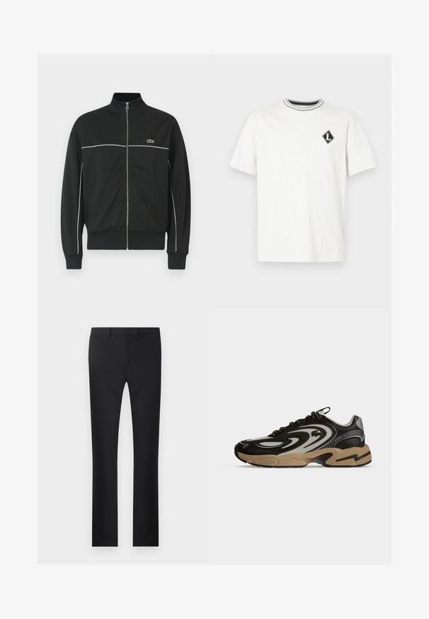 Zwarte ritself jacket met hoge kraag, witte piping over de borst en groen Lacoste-logo aan de linkerkant. Geribbelde manchetten en onderrand.; Witte katoenen t-shirt met korte mouwen, featuring een zwart-wit gestreepte ronde hals en een klein zwart diamanten logo op de borst.; Zwarte broek met een rechtlopende pasvorm, gemaakt van soepel materiaal. Voorzien van zakken aan de voorkant, een knoopsluiting en riemlussen.; Zwart-beige sneaker met golfachtige patronen, vetersluiting en dikke zool op een effen lichte achtergrond.