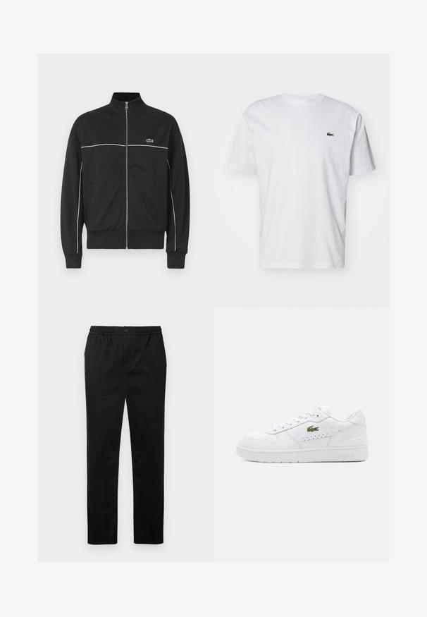 Zwarte ritself jacket met hoge kraag, witte piping over de borst en groen Lacoste-logo aan de linkerkant. Geribbelde manchetten en onderrand.; Witte katoenen T-shirt met een ronde hals, korte mouwen en een klein groen geborduurd logo op de borst. Klassiek recht fit ontwerp.; Zwarte rechte broek met elastische tailleband, knoopsluiting en zijzakken, weergegeven op een effen witte achtergrond.; Witte leren sneakers met geperforeerde accenten, platte veters en een klein groen logo aan de zijkant. Rubberen zool en gewatteerde kraag voor comfort.
