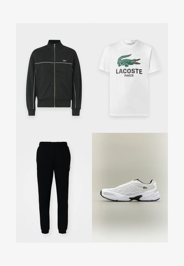 Zwarte ritself jacket met hoge kraag, witte piping over de borst en groen Lacoste-logo aan de linkerkant. Geribbelde manchetten en onderrand.; Lacoste T-shirt print - white; Zwarte trainingsbroek met een elastische tailleband en boorden. Gemaakt van zachte stof, met een klein logo aan de linkerbovenkant.; Witte sportieve schoen met een textuur van gaas bovenwerk, gebogen ontwerp en contrasterende zwarte zool. Heeft een groen geborduurd logo aan de zijkant.
