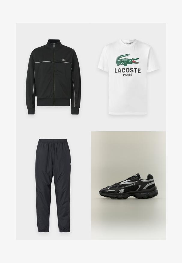 Schwarze Zip-Jacke mit hohem Kragen, weißen Einsätzen auf der Brust und grünem Lacoste-Logo auf der linken Seite. Gerippte Bündchen und Saum.; Lacoste T-Shirt print - white; Schwarze, leichte, wasserabweisende Jogginghosen mit elastischem Bund und gerafften Säumen; minimalistische Gestaltung mit kleinem Logo.; Schwarzer und silberner Lacoste-Sneaker mit Obermaterial aus Mesh und Synthetik, abgerundeter Zehenpartie, strukturiertem Sohlenprofil und seitlichen Markendetails auf neutralem Hintergrund.