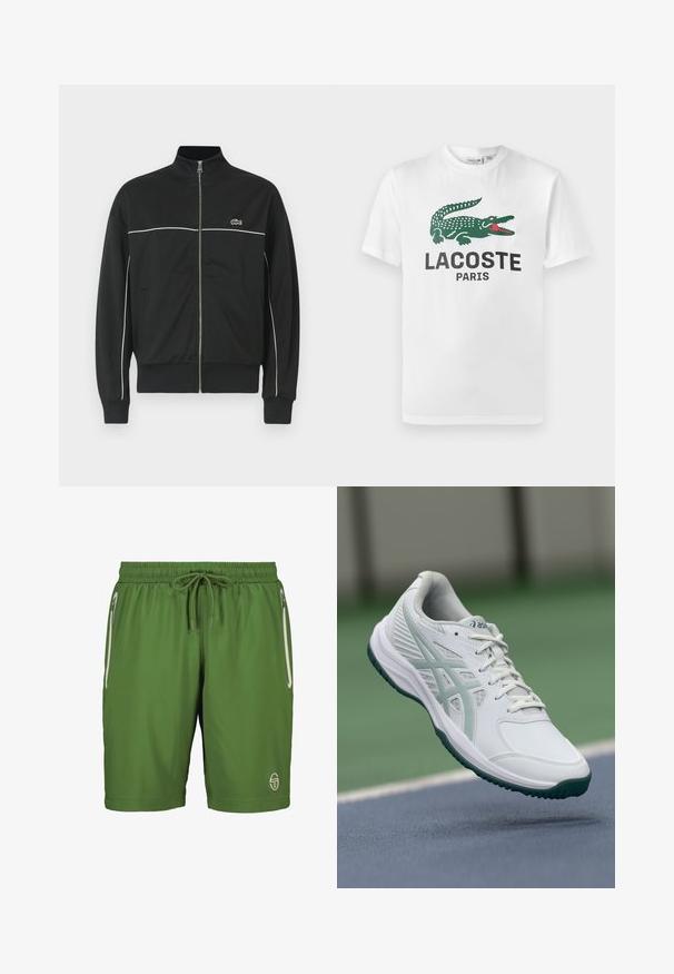 Schwarze Zip-Jacke mit hohem Kragen, weißen Einsätzen auf der Brust und grünem Lacoste-Logo auf der linken Seite. Gerippte Bündchen und Saum.; Lacoste T-Shirt print - white; Grüne Shorts mit elastischem Bund und Kordelzug. Zwei Seitentaschen mit weißen Reißverschlüssen. Glattes, leichtes Material. Logo am Saum.; Weißer Sportschuh mit hellblauen Akzenten, strukturiertem Synthetik-Obermaterial, herkömmlichem Schnürverschluss und Gummisohle, entworfen für Hallensportarten.