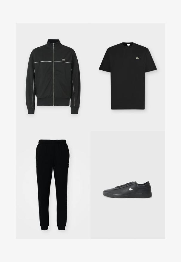Schwarze Zip-Jacke mit hohem Kragen, weißen Einsätzen auf der Brust und grünem Lacoste-Logo auf der linken Seite. Gerippte Bündchen und Saum.; Schwarzes kurzärmliges T-Shirt mit Rundhalsausschnitt und kleinem grünem Krokodil-Logo auf der linken Brust auf hellgrauem Hintergrund.; Schwarze Jogginghose mit elastischem Bund und Bündchen. Aus weichem Stoff gefertigt, mit einem kleinen Logo auf der oberen linken Seite.; Schwarzer Ledersneaker mit runder Zehenpartie, flacher Sohle und weißem Logo an der Seite. Verfügt über schwarze Schnürsenkel und eine glatte, matte Oberfläche.