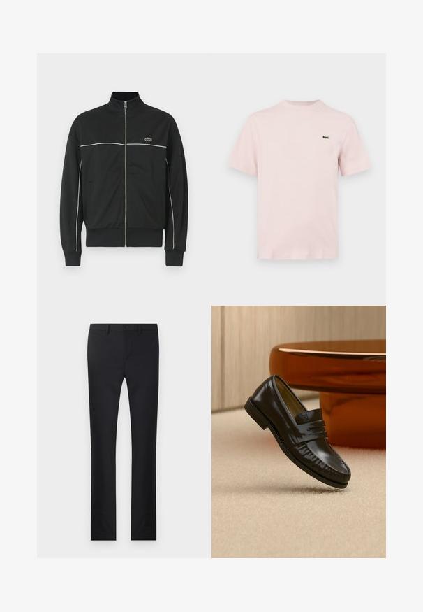 Zwarte ritself jacket met hoge kraag, witte piping over de borst en groen Lacoste-logo aan de linkerkant. Geribbelde manchetten en onderrand.; Effen lichtroze T-shirt met korte mouwen en een klein groen krokodillenlogo op de linkerborst, weergegeven tegen een witte achtergrond.; Zwarte broek met een rechtlopende pasvorm, gemaakt van soepel materiaal. Voorzien van zakken aan de voorkant, een knoopsluiting en riemlussen.; Glanzende zwarte leren loafer met een banddetail, geplaatst op een beige tapijt naast een ronde bruine salontafel in een zacht verlichte kamer.
