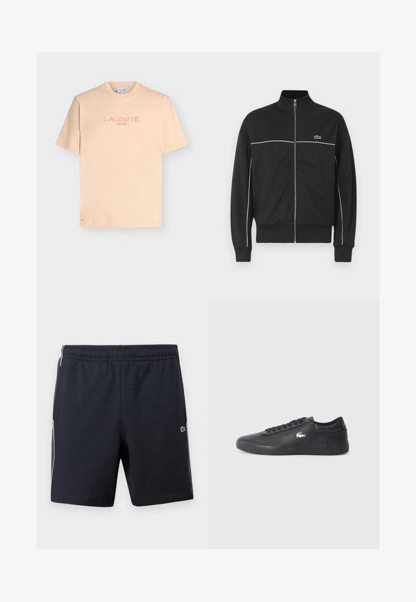 Veste zippée noire avec un col haut, un piping blanc sur la poitrine et un logo Lacoste vert sur le côté gauche. Poignets et ourlet côtelés.; T-shirt à manches courtes couleur pêche clair avec «LACOSTE PARIS» imprimé en rose délavé sur le devant et un petit crocodile brodé près de l'ourlet.; Shorts de sport noirs avec une taille élastique, des bandes blanches sur les côtés et un petit logo de crocodile vert sur la jambe droite.; Sneaker en cuir noir avec bout arrondi, semelle plate et logo blanc sur le côté. Présente des lacets noirs et une finition lisse et mate.