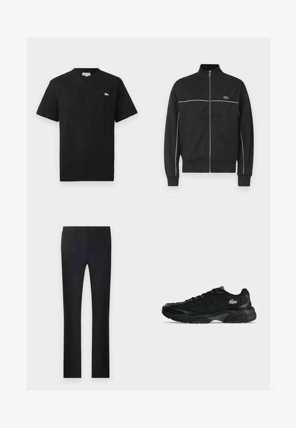 Čierna bunda na zips s vysokým golierom, bielym lemovaním cez prsia a zeleným logom Lacoste na ľavej strane. Rífľové manžety a lem.; Čierne bavlnené tričko s okrúhlym výstrihom. Obsahuje malé zelené a biele vyšívané logo Lacoste na hrudi. Krátke rukávy, bežný strih.; Čierne nohavice so rovnými nohavicami, vyrobené z hladkého materiálu. Obsahujú predné vrecká, zapínanie na gombík a pútka na opasok.; Čierny športový teniska s zakrivenými švovými vzormi a malým logom krokodíla na boku, zobrazený z vonkajšej strany na jednoduchom pozadí.