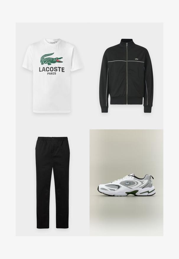 Čierna bunda na zips s vysokým golierom, bielym lemovaním cez prsia a zeleným logom Lacoste na ľavej strane. Rífľové manžety a lem.; Lacoste Tričko s potlačou - white; Čierne nohavice s priamym strihom, elastickým pásom, zapínaním na gombík a bočnými vreckami na bielom pozadí.; Biele a šedé športové bežecké topánky so sieťovými panelmi, zelenými akcentmi, čiernymi detailmi a logom na boku, zobrazené z vonkajšej strany.