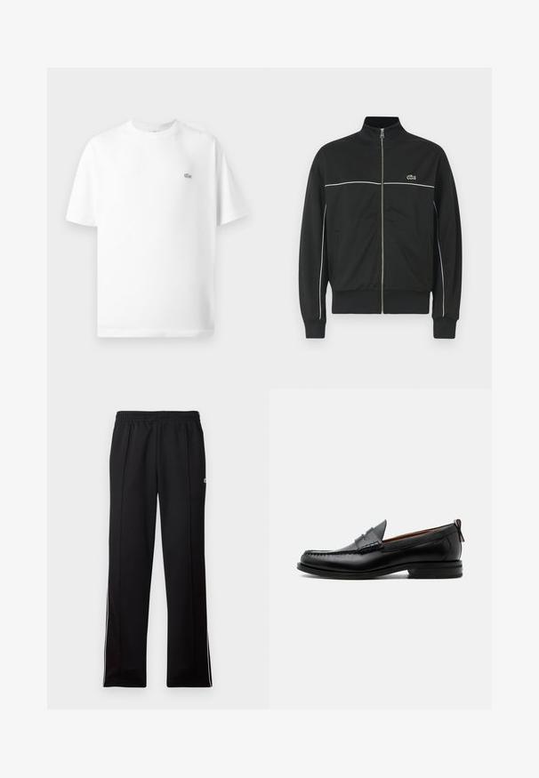 Čierna bunda na zips s vysokým golierom, bielym lemovaním cez prsia a zeleným logom Lacoste na ľavej strane. Rífľové manžety a lem.; Biely bavlnený tričko s okrúhlym výstrihom a krátkymi rukávmi. Obsahuje malú čiernu značku Lacoste na ľavej strane hrudníka.; Čierne športové nohavice po celej dĺžke s elastickým pásom a bielymi bočnými prúžkami, s malým zeleným logom na hornej strane.; Čierny kožený pánsky mokasín s prešitím moc toe, penny remienkom, textúrovaným golierom a nízkym vrstveným podpätkom na bielom pozadí.